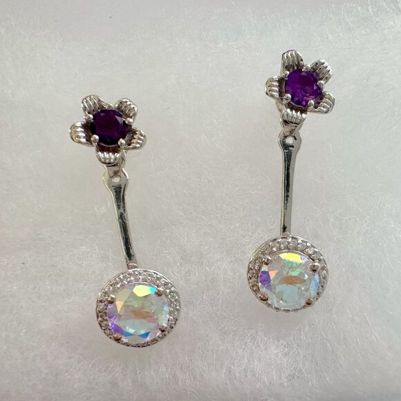 Amethyst Flower Stud Earrings with Beautiul (Removable) Rainbow Topaz Dangles - Picture 7 of 16